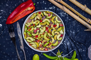 Asian cucumber red bell pepper and chilly hot pepper salad with soy sauce. Authentic Thai food menu. Raw vegan vegetarian healthy food