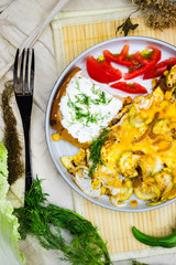 Thai fried omelet eggs with toast tofu spread for breakfast. Asian authentic food at asian cafe