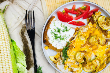Thai fried omelet eggs with toast tofu spread for breakfast. Asian authentic food at asian cafe
