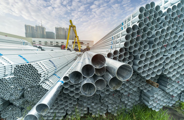 Steel Pipes Industry Construction stacked in Factory warehouse