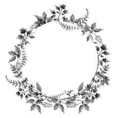 Watercolor pattern, wreath, ornament from leaves, garden plants, herbs and flowers. Sage, basil, oregano, flower. Black silhouette with mascara, flower frame, invitation, label