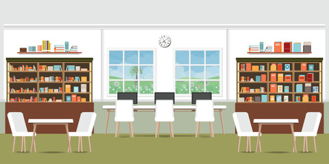 Modern library interior with bookshelves. © Zentangle