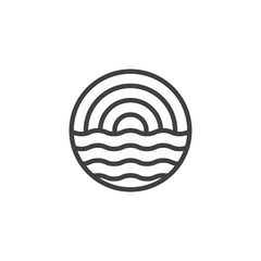 Travel logo concept of sunset at sea line art monoline