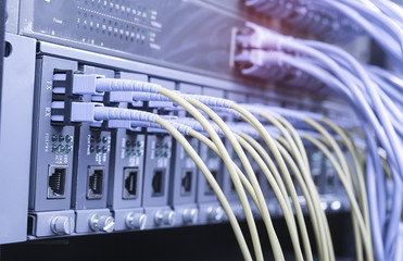 Fiber Optic cables connected to optic ports and UTP, Network cables connected to ethernet ports.