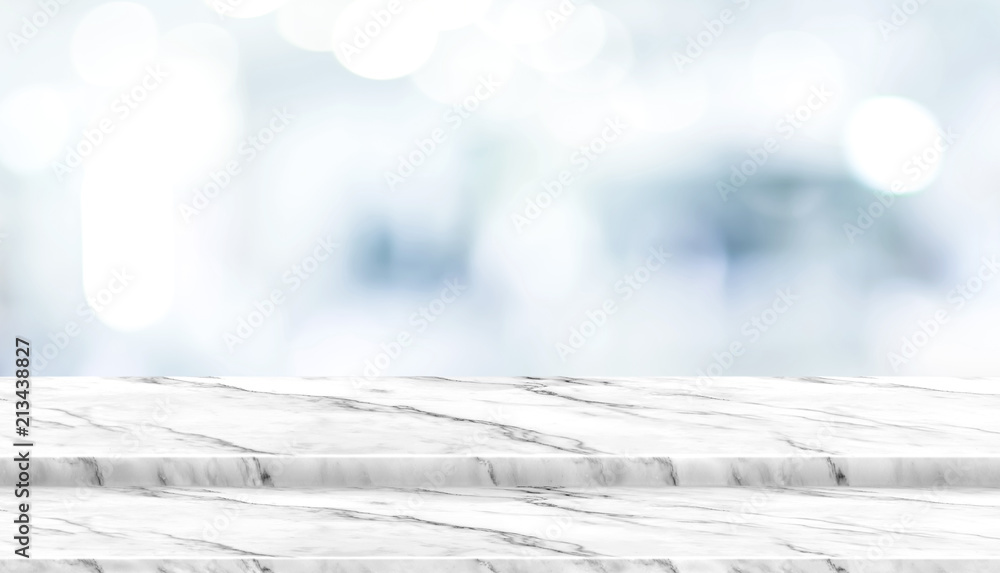 Poster empty step white marble table top with blur patient waiting for doctor at hospital with bokeh light 