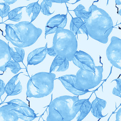 Vintage seamless watercolor pattern - hand drawing threads of lemon, lime  with leaves. Trendy pattern. Painting
Citrus fruits. The picture blue, monochrome. Branch with citrus fruit.