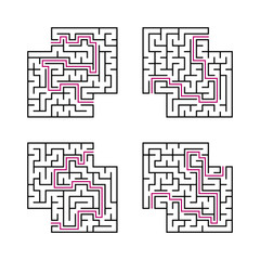 A set of black square mazes for children. Simple flat vector illustration isolated on white background. With the answer. With a place for your images.