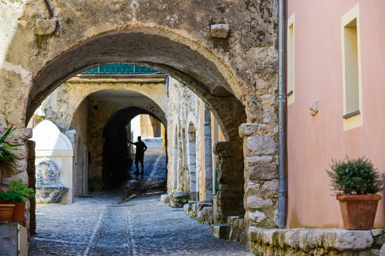On the streets of a medieval village Gorbio. French Riviera. Cote d'Azur.
