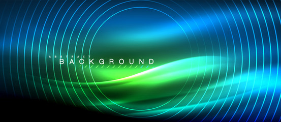 Neon glowing lines, magic energy space light concept, abstract background wallpaper design