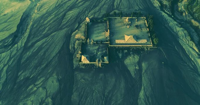 Aerial view of Hindu temple at the foot of Mount Bromo crater, Indonesia
