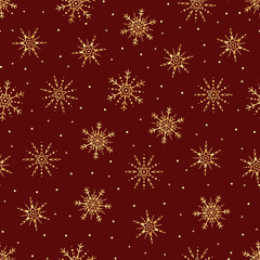 Obraz na płótnie Canvas Vector seamless pattern of golden snowflakes. Gold snowflakes seamless pattern.