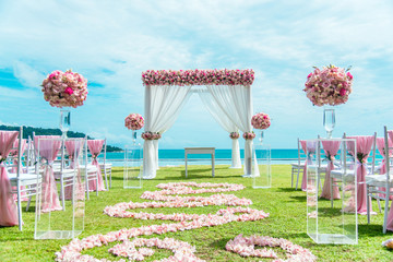 Romantic wedding ceremony on the lawn Sea view. - 213441654
