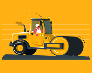 Flat cartoon road roller