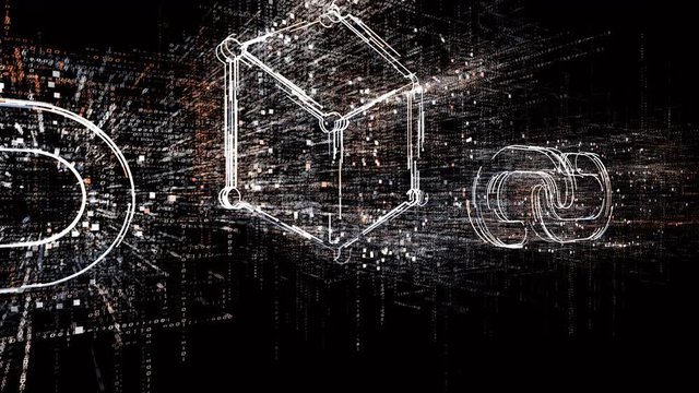 4k Blockchain symbol.chain and box,Cripto currency bitcoin.The Matrix style binary computer code,changing from zero to one digits,Global internet worldwide.abstract future tech background.