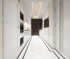 3d rendering white classic kitchen with luxury design