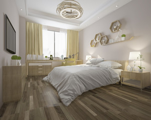 3d rendering wood minimal style bedroom with view from window