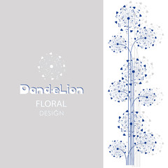 Dandelions. Musical background. Floral design. Flying in the wind, the parachutes from hearts and notes. Poster. The word and the silhouette of a dandelion on a light background.