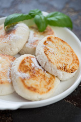 Close-up of fried cottage cheese pancakes or syrniki on a white plate, selective focus, vertical shot