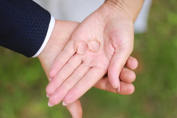 wedding rings on the hand of the bride and groom