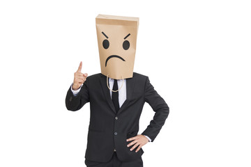 businessman wear paper bag covering head angry emotions 