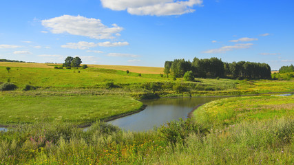 Sunny summer landscape with woods,fields,river and green hills.