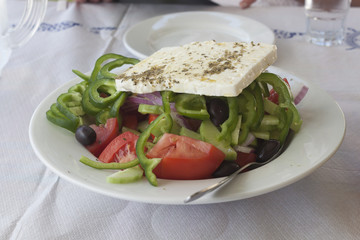 Greek salad in an inexpensive tavern