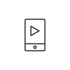 Mobile music player outline icon. linear style sign for mobile concept and web design. Smartphone with play button simple line vector icon. Symbol, logo illustration. Pixel perfect vector graphics