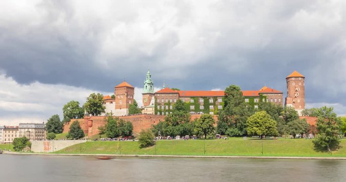 View of Wawel Royal Castle from riverside in Krakow, Poland (time lapse video)
