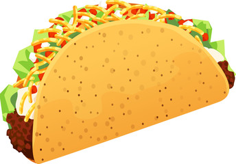 Crispy ground beef taco with shredded lettuce, sour cream, grated Colby Jack cheese, and diced onions and tomatoes. Isolated vector illustration.