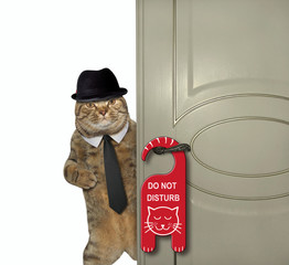 The cat gentleman closes the door.  A sign " do not disturb " is hung on the doorknob. White background.