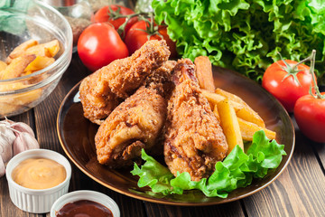 Crispy fried kentucky chicken legs with french fries