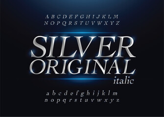 Fototapeta premium Elegant silver colored metal chrome alphabet italic font. Typography classic style silver font set for logo, Poster, Invitation. Vector illustration