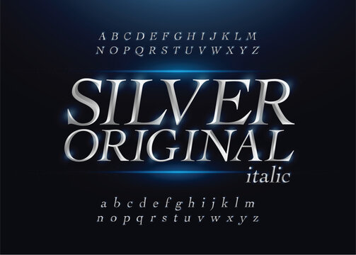 Elegant silver colored metal chrome alphabet italic font. Typography classic style silver font set for logo, Poster, Invitation. Vector illustration