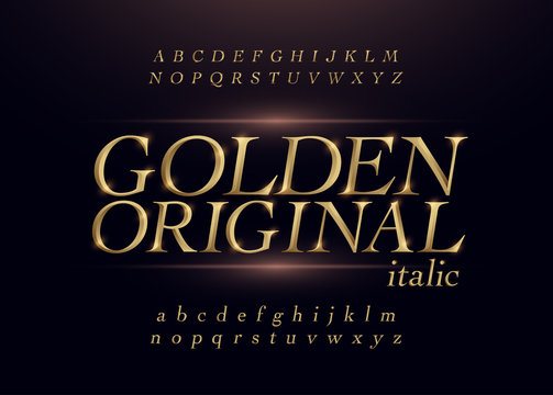 Elegant gold colored metal chrome alphabet italic font. Typography classic style golden font set for logo, Poster, Invitation. Vector illustration