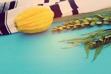 Jewish festival of Sukkot. Traditional symbols (The four species): Etrog, lulav, hadas, arava.
