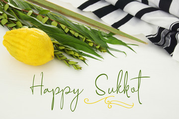 Jewish festival of Sukkot. Traditional symbols (The four species): Etrog, lulav, hadas, arava.