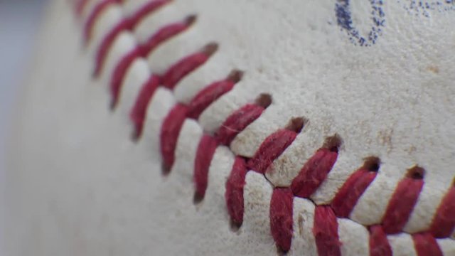 Macro close up of a baseball stitches in 4K.