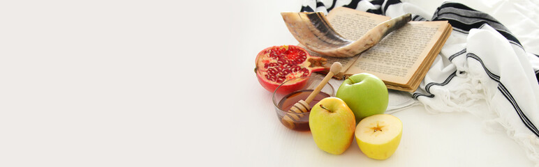 Rosh hashanah (jewish New Year holiday) concept. Traditional symbols.