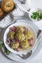 Homemade Canederli or Knödel typical for Alto Adige, German, Italian, Austrian cuisine.. Made from:stale bread, milk, eggs, bacon