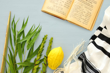 Jewish festival of Sukkot. Traditional symbols (The four species): Etrog, lulav, hadas, arava.