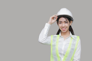 Confident beauty Asian woman worker posing on gray isolated background.