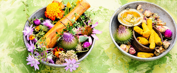 Healing herbs with mortar