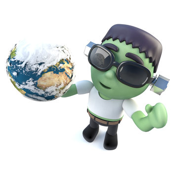 3d Funny cartoon frankenstein monster holding a globe of the Earth
