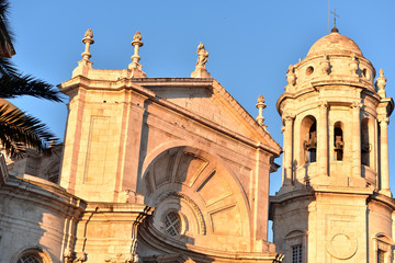 Exterior view of the frontal facade of Cadiz Cathedral (Catedral de Santa Cruz de Caziz), Spain