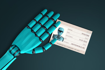 The robot's hand is lying on top of his passport with his photo and identification number. 3d illustration