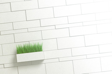 Green tall grass protruding from a flower pot in the shape of a brick extended from a brick grey wall. 3d illustration