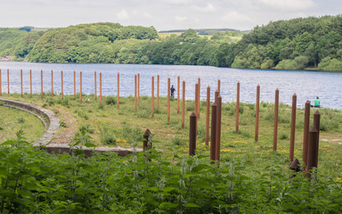 Obraz premium Wooden posts placed at the mouth of a river at Rivington reservoir to protect the river from large debris being carried during heavy rainfall. Rivington, chorley, lancashire, Uk