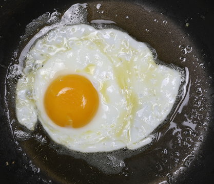 Close up fried eggs on black pan background