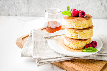 Trendy asian food, Fluffy Japan souffle pancakes, hotcakes with maple syrup and raspberry light...