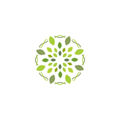 Vector emblem, flower with green leaves.